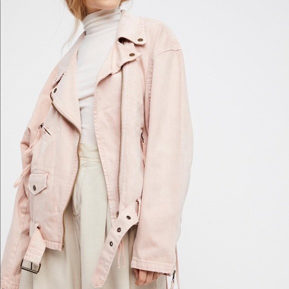 free people pink denim zip up moto jacket size s small - Picture 1 of 9